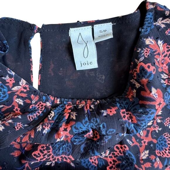 Joie Short Sleeve Floral Blouse Black, Red & Blue S - Picture 4 of 8